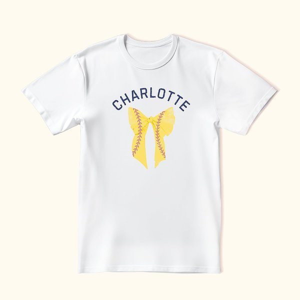 Personalisierte Multicolor Baseball Coquette Bow 100% Baumwolle Damen T-Shirt mit Namen Geburtstag Team Spiel Geschenk für Baseball-Sport-Liebhaber