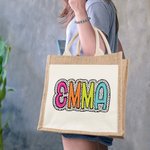 Personalisierte Dalmatiner Dots Jute Tasche mit Tasche und bunten Namen wiederverwendbar Tote Bag zurück zu Schule Hochzeit Strand Geschenk für Frauen