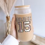 Personalized Baseball Number Name Drinking Glasses with Bamboo Lids and Glass Straw Birthday Gift for Sports Lover