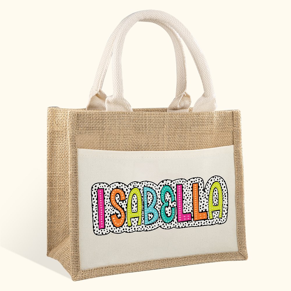 Sac en Toile de Jute avec Pochette Personnalisé de Nom Coloré Réutilisable Cadeau de Plage Retour à l'École Mariage pour les Femmes