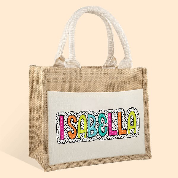Gepersonaliseerde Dalmatiër Stippen Jute Draagtas met Zak en Kleurrijke Naam Herbruikbaar Terug naar School Huwelijk Strandcadeau voor Vrouwen