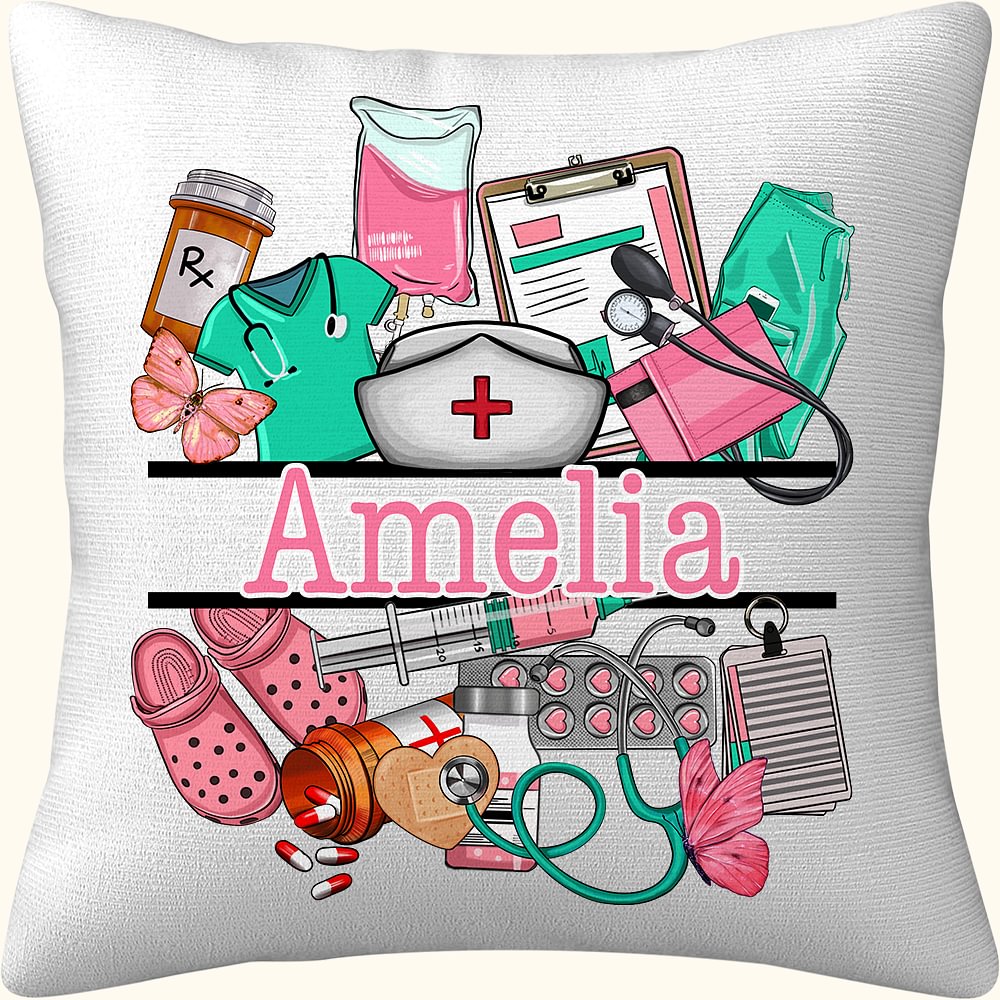 Taie d'oreiller multicolore à motif médical personnalisé avec nom Cadeau de la semaine de l'infirmière pour l'infirmière, le médecin et le personnel m
