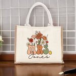 Personalised Retro Wildflowers MRS. Jute Tote Bag with Name Bridal Shower Teacher’s Day Gift for Women