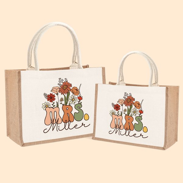 Bolsa de Yute Personalizada Retro Wildflowers MRS. Bolsa de yute con nombre Regalo para el Día del Maestro en la despedida de soltera para mujer