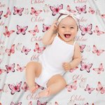 Personalised Baby Girl Pink Butterfly Receiving Blanket Swaddle Hat Bow Headband Coming Home Outfit with Name Baby Shower Gift for Newborns