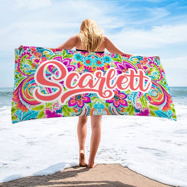 Personalisiertes Retro Paisley Übergroßes Weiches Schnelltrocknendes Mikrofaser Strandtuch mit Namen Sommer Reisen Party Geburtstag Geschenk für Damen