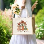 Personalised Retro Wildflowers MRS. Jute Tote Bag with Name Bridal Shower Teacher’s Day Gift for Women