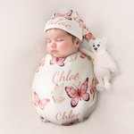 Personalised Baby Girl Pink Butterfly Receiving Blanket Swaddle Hat Bow Headband Coming Home Outfit with Name Baby Shower Gift for Newborns