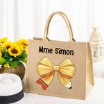 Sac à Main en Jute Personnalisé avec Prénom à Nœud Papillon de Crayon Accessoire Voyage de Grande Capacité Cadeau Fête des Professeurs pour Enseignant