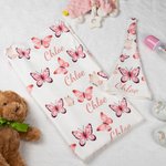 Personalised Baby Girl Pink Butterfly Receiving Blanket Swaddle Hat Bow Headband Coming Home Outfit with Name Baby Shower Gift for Newborns