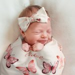 Personalised Baby Girl Pink Butterfly Receiving Blanket Swaddle Hat Bow Headband Coming Home Outfit with Name Baby Shower Gift for Newborns