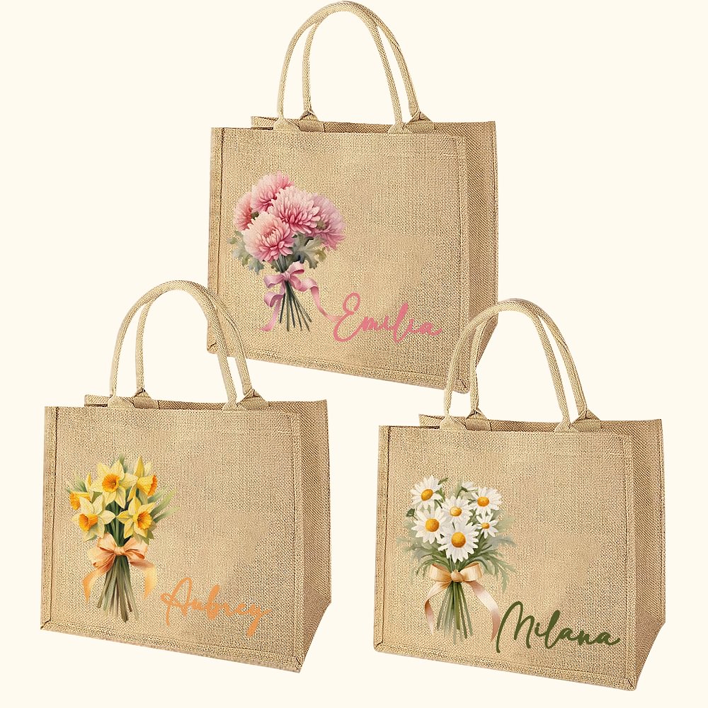 Sac en Toile de Jute Personnalisé avec Nom et Fleur de Naissance Grande Capacité Cadeau Mariage Voyage Essentiel pour Elle