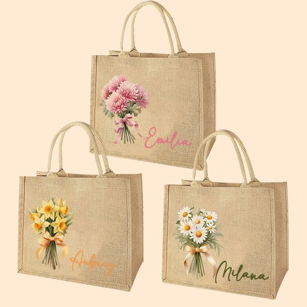 Personalized Charmful Birth Flower Bouquet Jute Tote Bag with Name Large Capacity Wedding Travel Essential Gift for Her