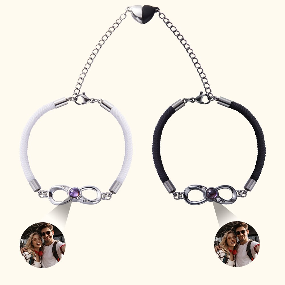 Lot de 2 Bracelets de Projection de Photo Personnalisée Symbole Infini Breloque Coeur Magnétique Cadeau d'Anniversaire pour Couple