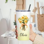 Personalisierte Farbverlauf Trinkflasche 600ml mit Geburtsblumenstrauß und Namen Auto Flasche mit Strohhalm Jahrestag Geburtstag Geschenk für sie