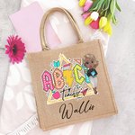 Personalized Pencil Teach Tour Cartoon Characters Reusable Jute Tote Bag with Name Back to School Appreciation Eco-Friendly Gift for Teacher