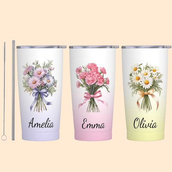 Personalised Gradient Color Bow Birth Flower Bouquet 20oz Name Tumbler with Straw Anniversary Birthday Gift for Her