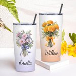 Personalisierte Farbverlauf Trinkflasche 600ml mit Geburtsblumenstrauß und Namen Auto Flasche mit Strohhalm Jahrestag Geburtstag Geschenk für sie
