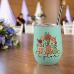 Henkilökohtainen Vintage Wildflowers Rouva 12oz Wine Tumbler nimi ja olki puhdistus harja häät takaisin kouluun lahja morsian opettaja