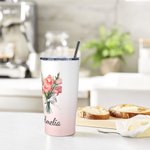 Personalisierte Farbverlauf Trinkflasche 600ml mit Geburtsblumenstrauß und Namen Auto Flasche mit Strohhalm Jahrestag Geburtstag Geschenk für sie