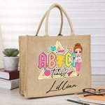 Personalized Pencil Teach Tour Cartoon Characters Reusable Jute Tote Bag with Name Back to School Appreciation Eco-Friendly Gift for Teacher