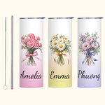 Personalised Watercolor Birth Flower Bouquet 20oz Skinny Tumbler with Name and Straw Birthday Bridal Shower Gift for Women