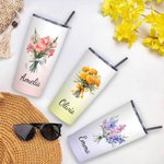 Personalisierte Farbverlauf Trinkflasche 600ml mit Geburtsblumenstrauß und Namen Auto Flasche mit Strohhalm Jahrestag Geburtstag Geschenk für sie