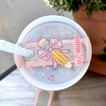 Personalized Pencil Coquette Bow Tumbler Name Tag Plate Acrylic Lid Topper Accessory for Stanley Appreciation Back to School Gift for Teacher