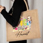 Personalized Pencil Teach Tour Cartoon Characters Reusable Jute Tote Bag with Name Back to School Appreciation Eco-Friendly Gift for Teacher