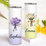 Personalised Watercolor Birth Flower Bouquet 20oz Skinny Tumbler with Name and Straw Birthday Bridal Shower Gift for Women