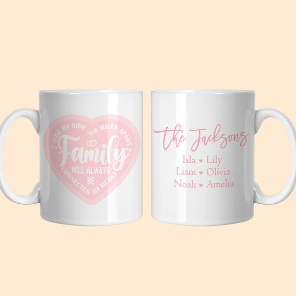 Tasse en Céramique 330ml ou 450ml Personnalisée avec Noms Thème Family Will Always Be Connected By Heart Cadeau d'Amour pour Famille