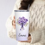 Personalisierte Farbverlauf Trinkflasche 600ml mit Geburtsblumenstrauß und Namen Auto Flasche mit Strohhalm Jahrestag Geburtstag Geschenk für sie