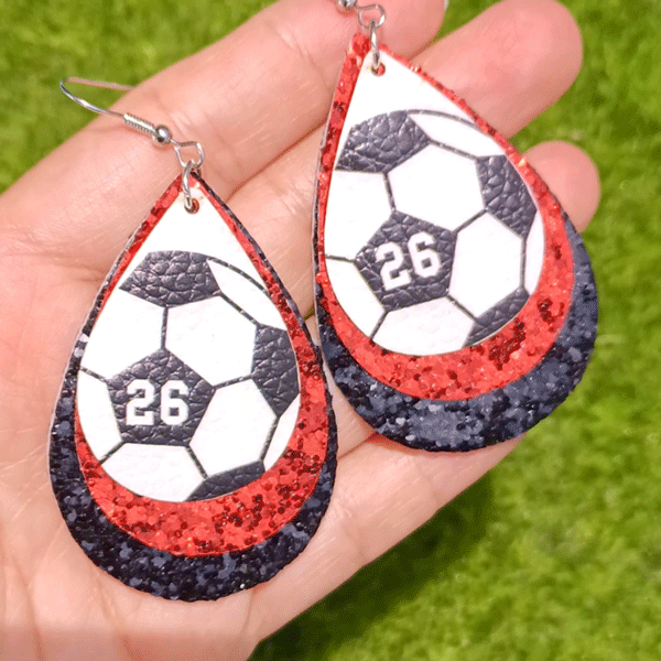 Personalized Glitter Baseball Softball Football Teardrop PU Leather Earrings with Number Birthday Game Day Gift for Sports Lover