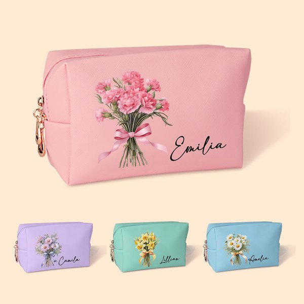 Personalized Leather Birth Flower Bouquet Makeup Bag with Name Bridesmaid Birthday Gift for Her