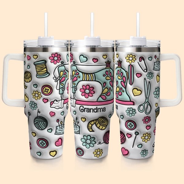 Vaso personalizado con nombre y diseño floral de costura en 3D de 40 oz con tapa, pajita y asa Regalo de cumpleaños para el Día de la Madre para la ab