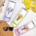 Personalised Watercolor Birth Flower Bouquet 20oz Skinny Tumbler with Name and Straw Birthday Bridal Shower Gift for Women