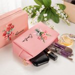 Sac de Maquillage en Cuir PU Personnalisé avec Nom et Fleur de Naissance Cadeau d'Anniversaire de Mariage pour Elle