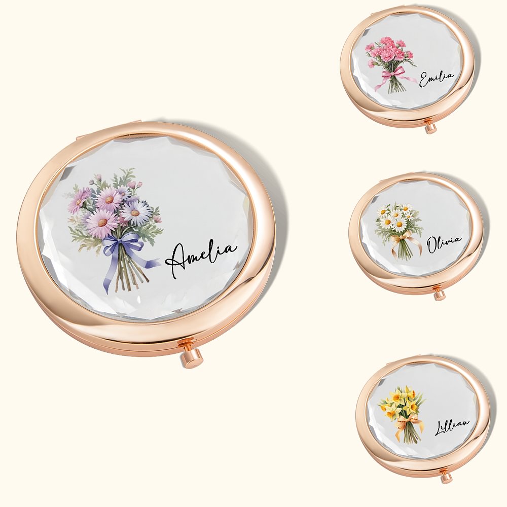 Petit Miroir de Maquillage Portable Personnalisé avec Nom et Fleur de Naissance Cadeau de Mariage Bridal Shower pour Femme