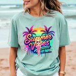 Personalized Rainbow Cartoon Summer Vibes T-shirt with Name Holiday Beach Party Gift for Her