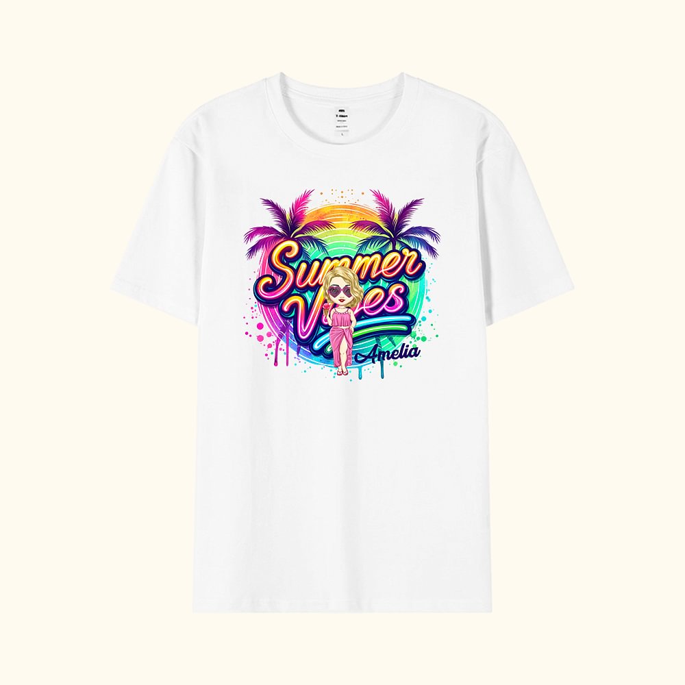T-shirt d'Été Arc-en-ciel Personnalisé avec Nom et Personnage de Dessin Animé Cadeau de Fête pour Elle