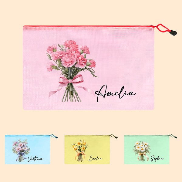 Birth Flower Bouquet Mesh Zipper Pouch Beach Bag with Name