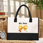 Personalised Pencil Coquette Large Name Canvas Tote Bag with Waterproof Lining Back to School Birthday Gift for Teacher