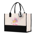 Personalised Pencil Coquette Large Name Canvas Tote Bag with Waterproof Lining Back to School Birthday Gift for Teacher