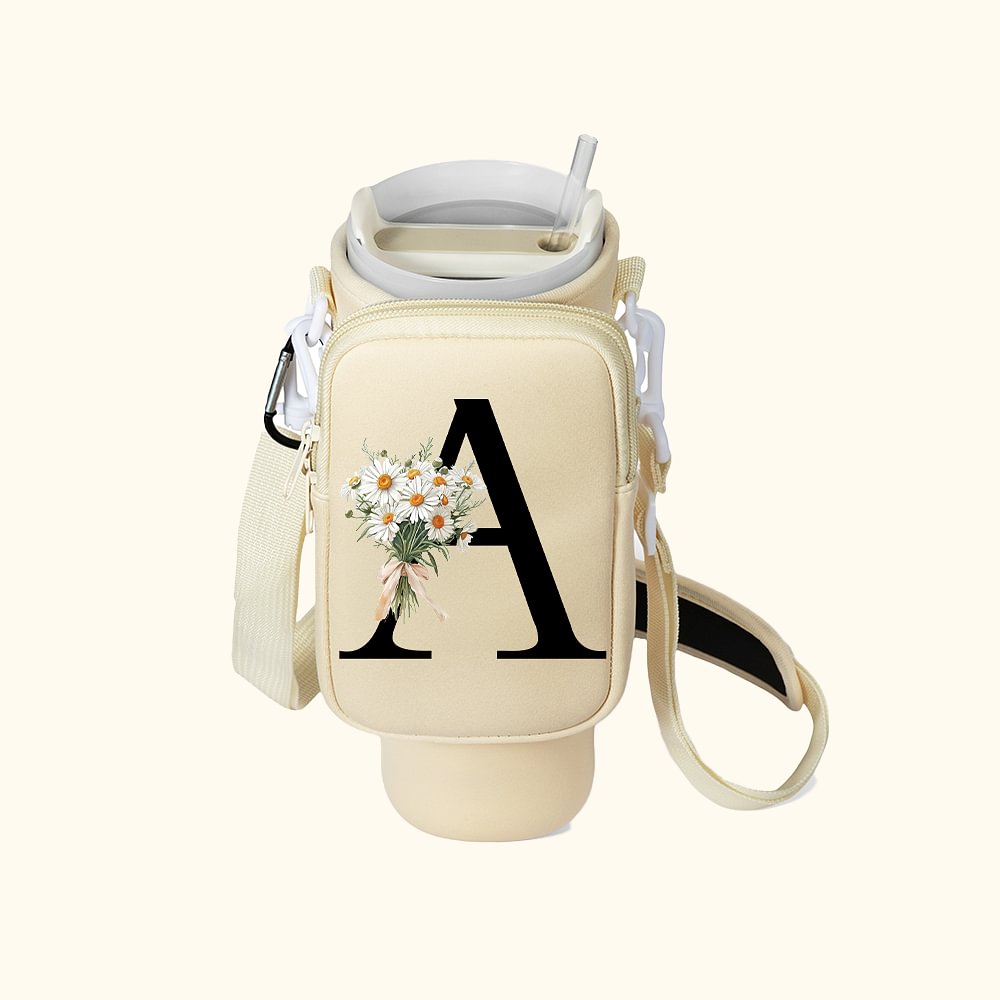 Sac de Bouteille Personnalisé avec Initiale et Fleur de Naissance Sac avec Pochette Amovible pour Gobelet 1180ml Cadeau Anniversaire pour Femme