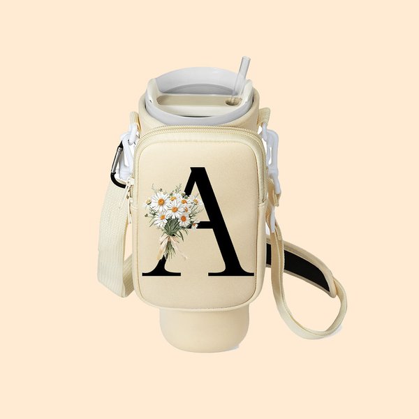 Personalized Birth Flower Bouquet Initial Water Bottle Carrier Bag with Removable Pouch and Strap for 40oz Stanley Tumbler Birthday Gift for Her