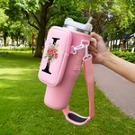 Personalized Birth Flower Bouquet Initial Water Bottle Carrier Bag with Removable Pouch and Strap for 40oz Stanley Tumbler Birthday Gift for Her