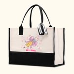 Personalised Pencil Coquette Large Name Canvas Tote Bag with Waterproof Lining Back to School Birthday Gift for Teacher