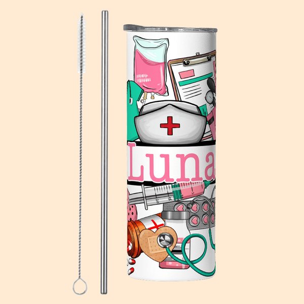 Personalised Multicolour Medical-Themed Design 20oz Skinny Tumbler with Name Appreciation Nurse Week Gift for Nurse Doctor Medical Staff