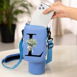 Personalized Birth Flower Bouquet Initial Water Bottle Carrier Bag with Removable Pouch and Strap for 40oz Stanley Tumbler Birthday Gift for Her