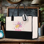 Personalised Pencil Coquette Large Name Canvas Tote Bag with Waterproof Lining Back to School Birthday Gift for Teacher